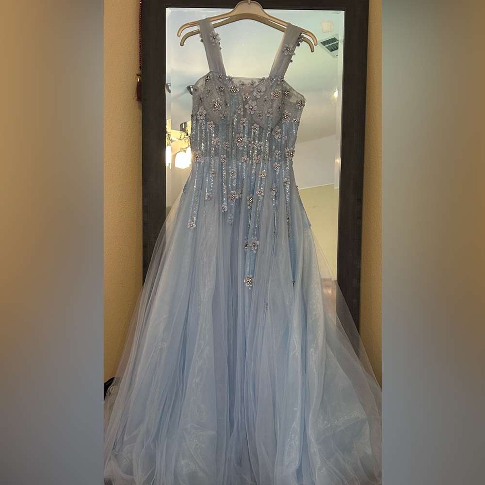 Elegant Light Blue Floral Embellished Gown